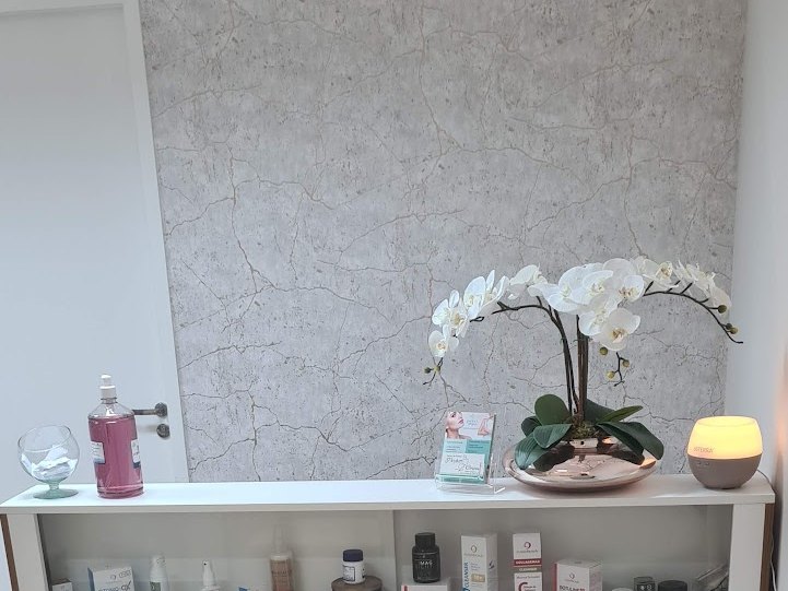Recepção da Perfect Corpus: orquídea sobre o balcão e a parede de cimento queimado